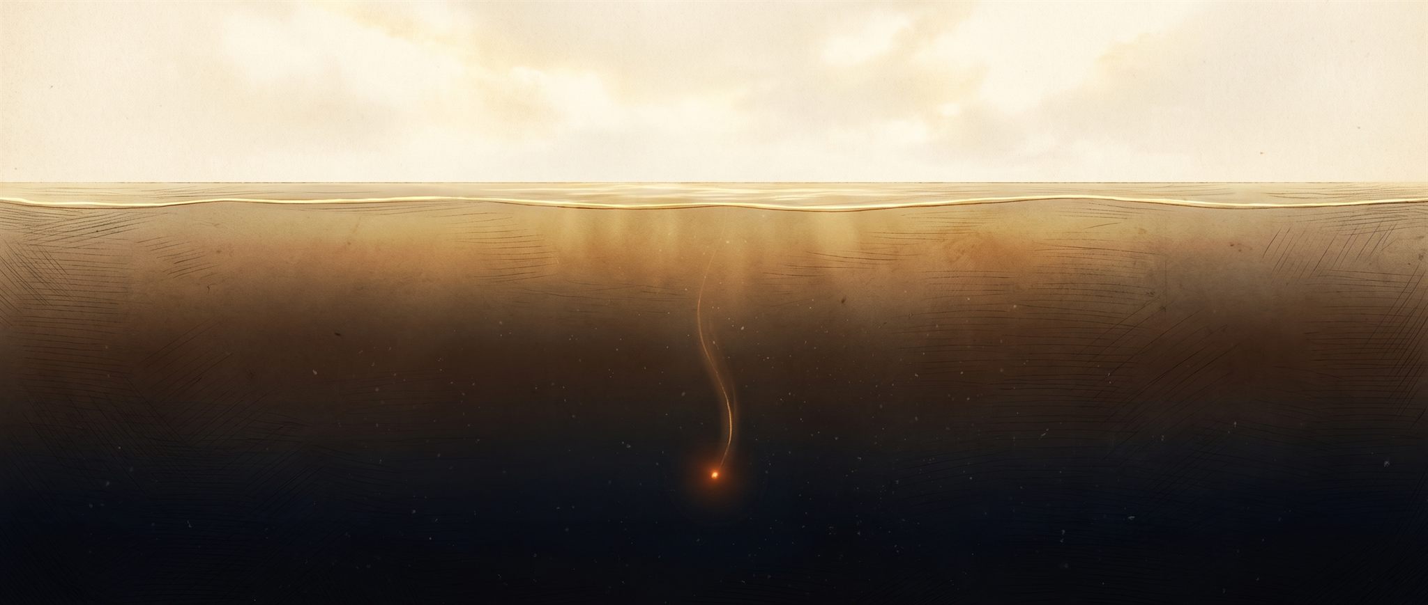 Painted cross-section of the sea: warm daylight above the waterline fading to a black abyss below, with a single ember lantern sinking into the deep.