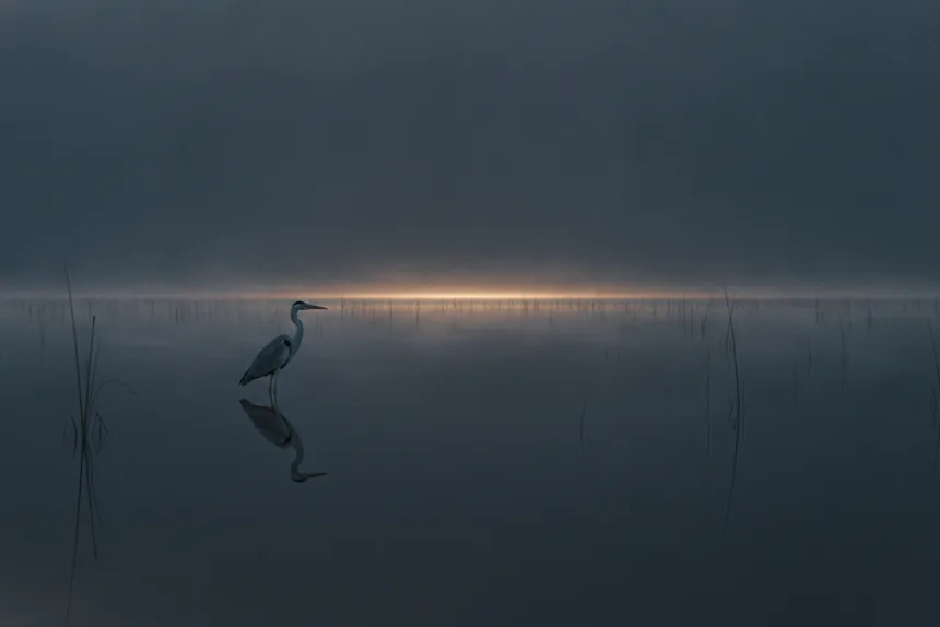 A lone heron at the waterline against a thin band of horizon light — the watcher that names what it sees.