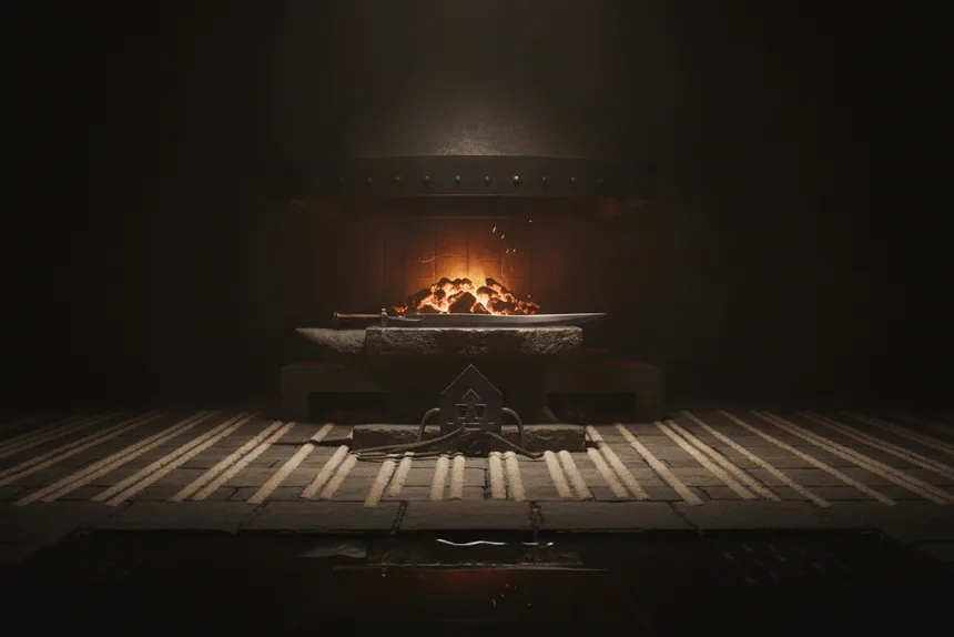 A forge glowing in a dark timber hall — where work is bound to the record and proven.
