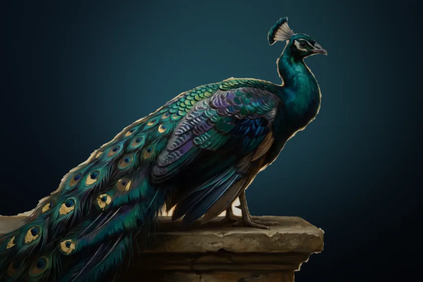 A peacock perched in the dark, its hundred eyes turned outward — Argus, watching the code.